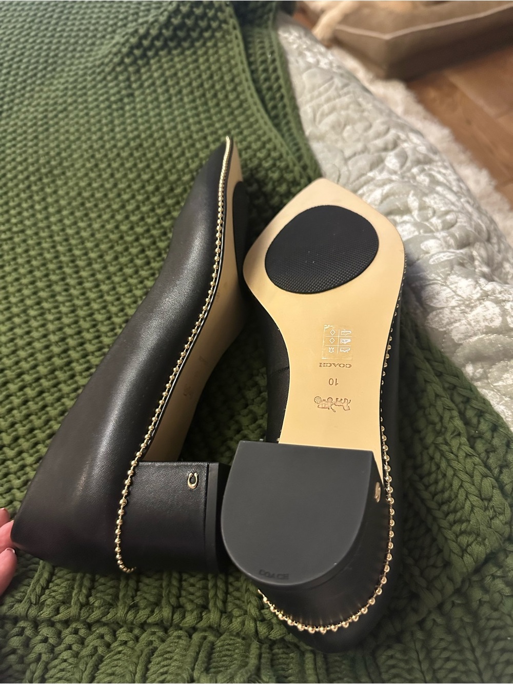 Coach-Black Pointed leather Pumps with Gold Stud Trim - Picture 4 of 8